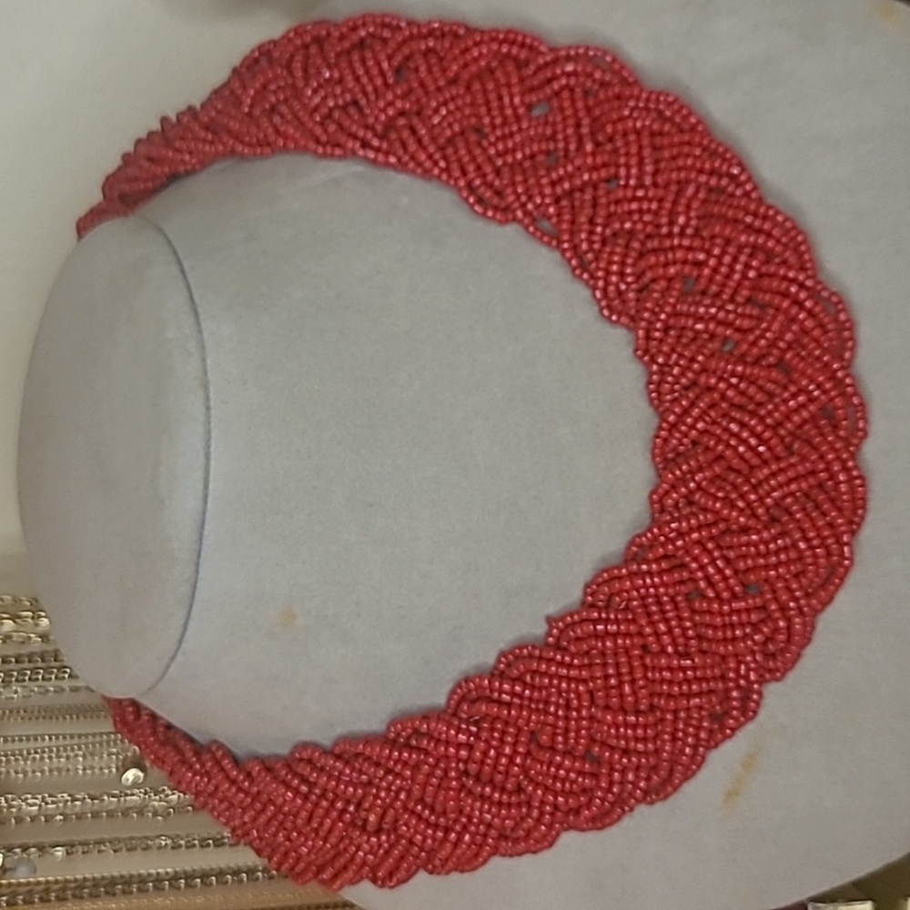 Red Seed Bead Collar Necklace - Picture 1 of 2